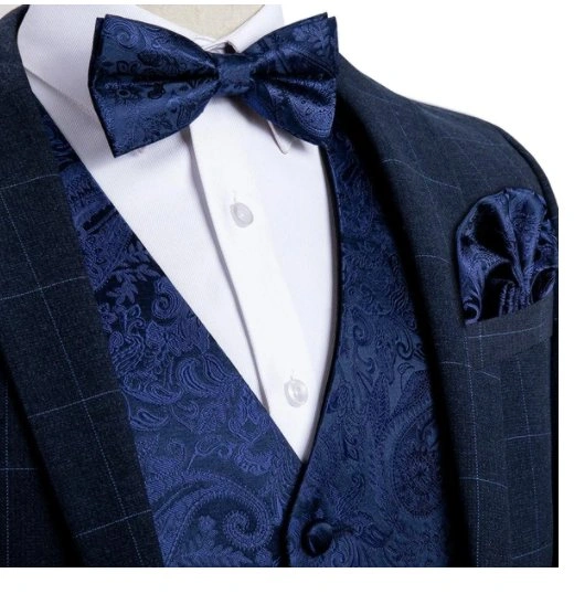Blauwe Paisley Vest & Strikdas Set: Stijlvol & Klaar om te Schitteren - MJ-0120.