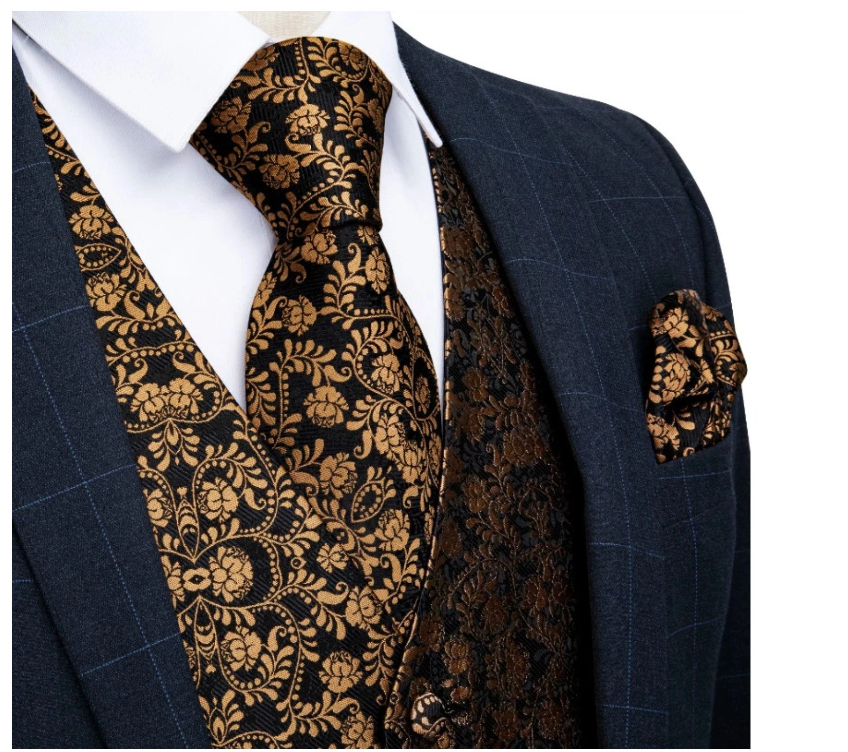Zwarte Gouden Bloemen Paisley Vest, Stropdas, Pochet & Manchetknopen Set - Elegant & Stijlvol!