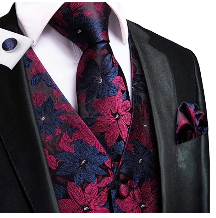 Blauw-rode bloemenvest met stropdas, pochet en manchetknopen set MJ-0022: Stijlvolle herenmode voor elke gelegenheid!