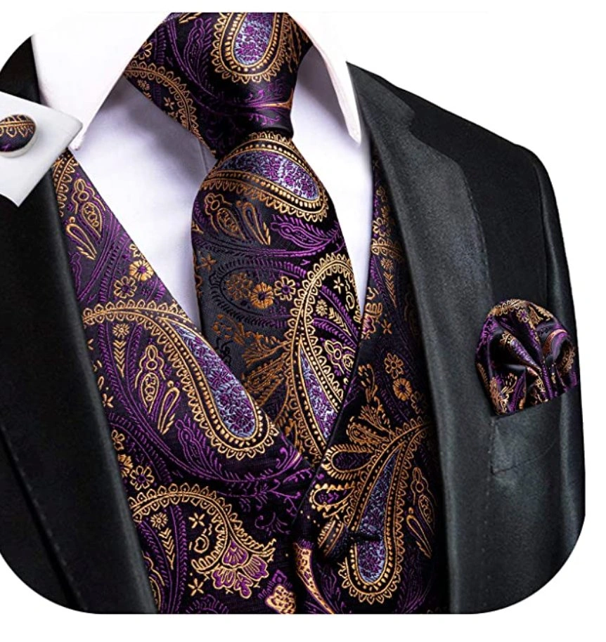 Paarse Paisley Gilet en Stropdas Set: Stijlvol, Uniek en Klaar voor de Grote Dag! MJ-0016.