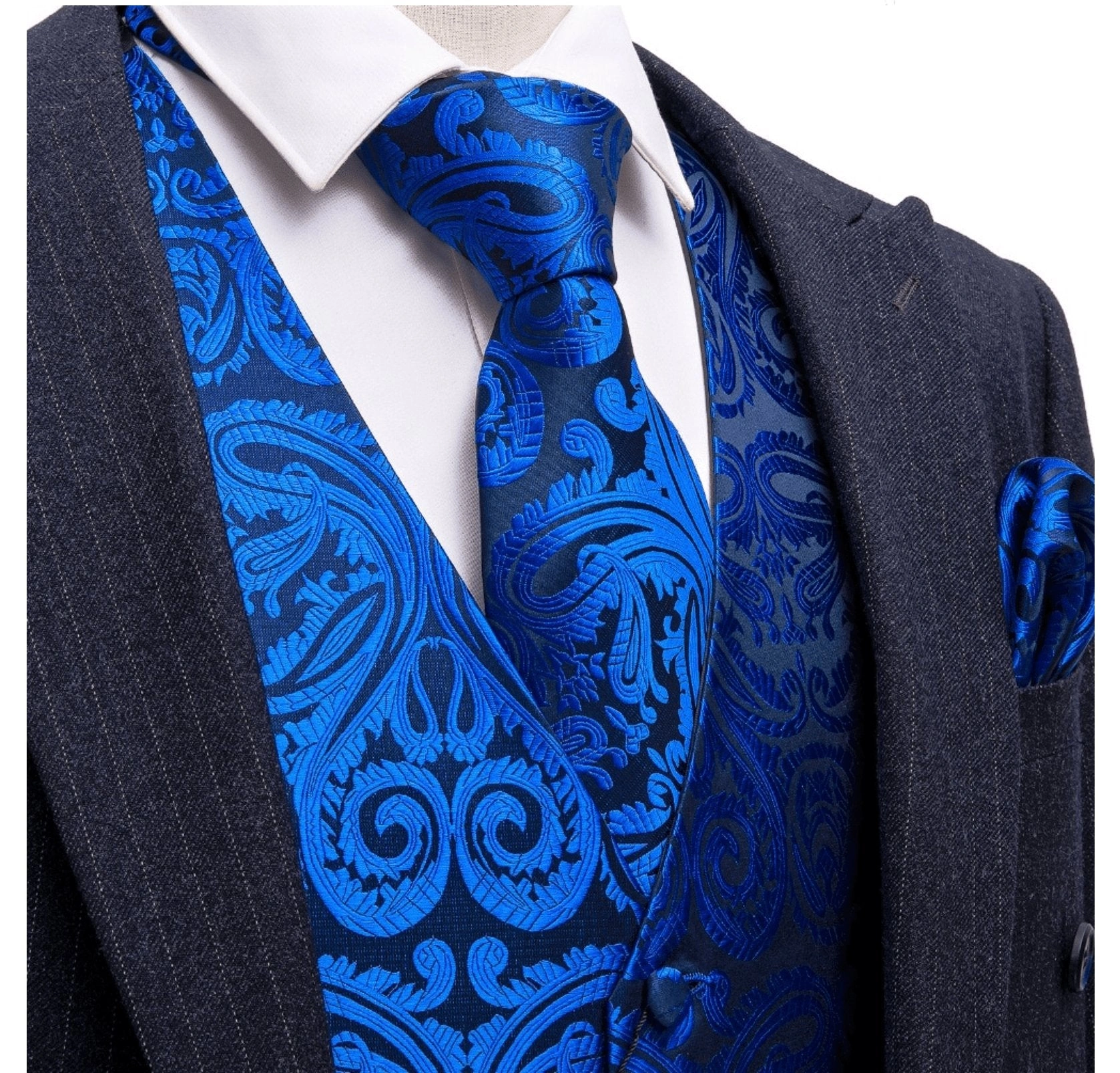 Blauw Zijden Gilet, Pochet, Manchetknopen en Stropdas Set - Elegante Mannelijke Stijl - Klaar om te Strallen!